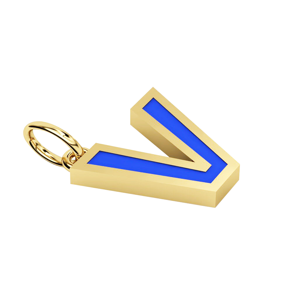Alphabet Capital Initial Letter V Pendant, made of 925 sterling silver / 18k gold finish with blue enamel