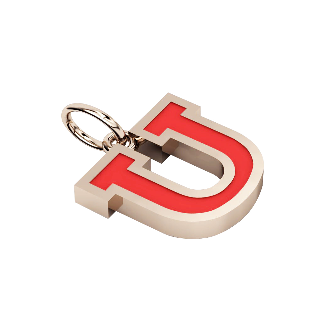 Alphabet Capital Initial Letter U Pendant, made of 925 sterling silver / 18k rose gold finish with red enamel