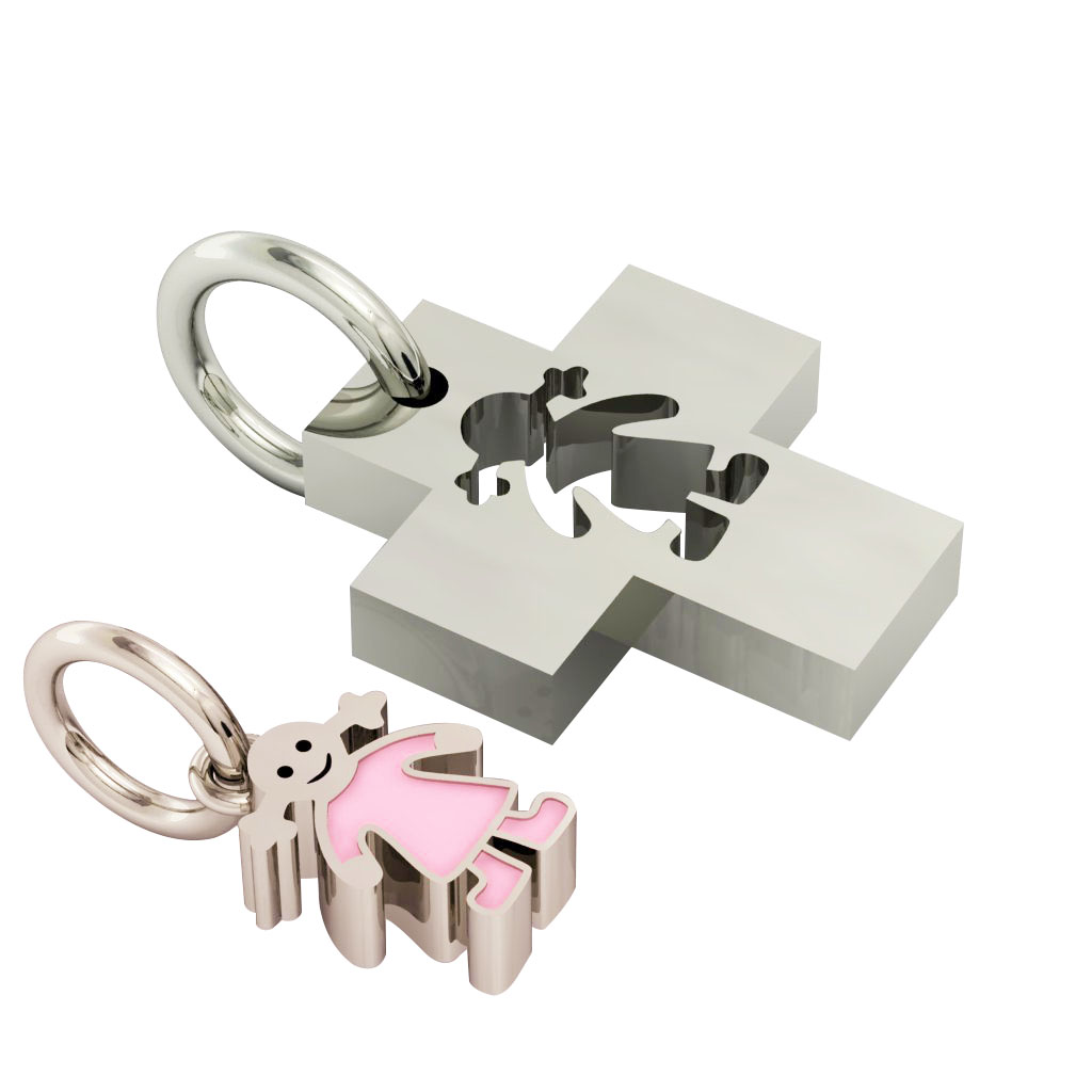 little cross with girl, father and daughter cobo pendant, made of 925 sterling silver with pink enamel / 23