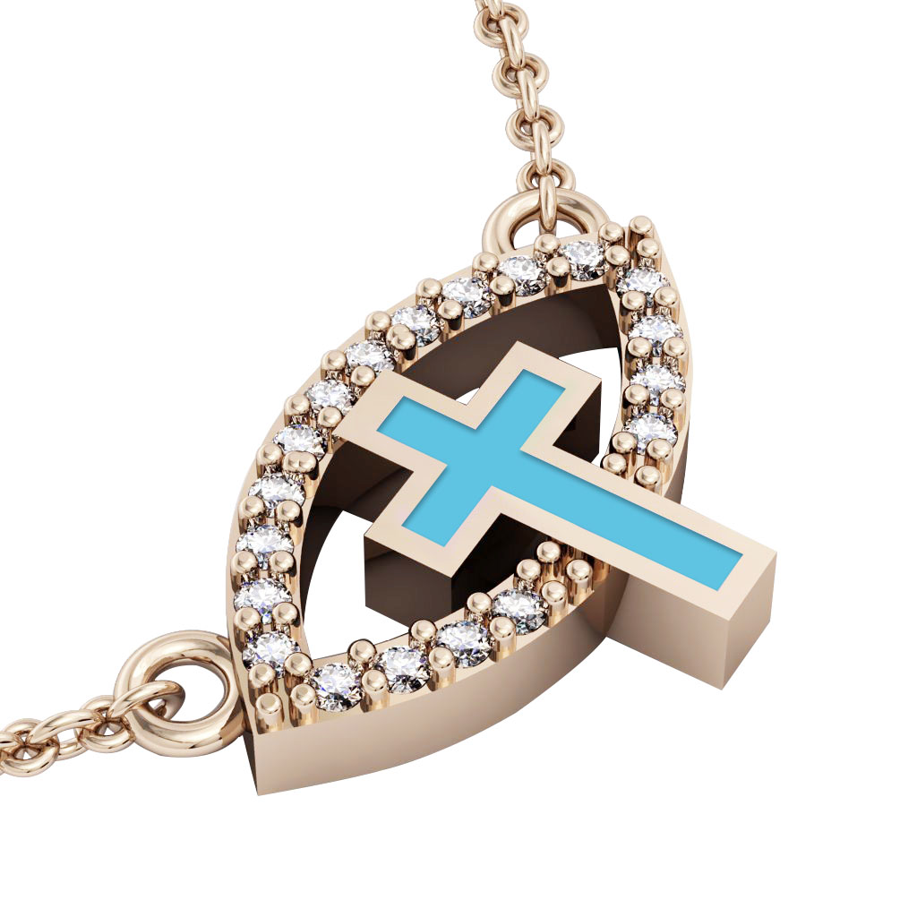 Cross Evil Eye Necklace, made of 925 sterling silver / 18k rose gold finish with turquoise enamel and white zircon