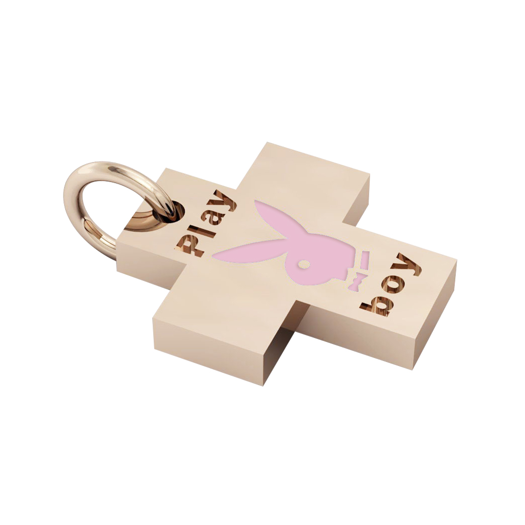 Little Cross with an internal enamel Playboy, made of 925 sterling silver / 18k rose gld finish with pink enamel