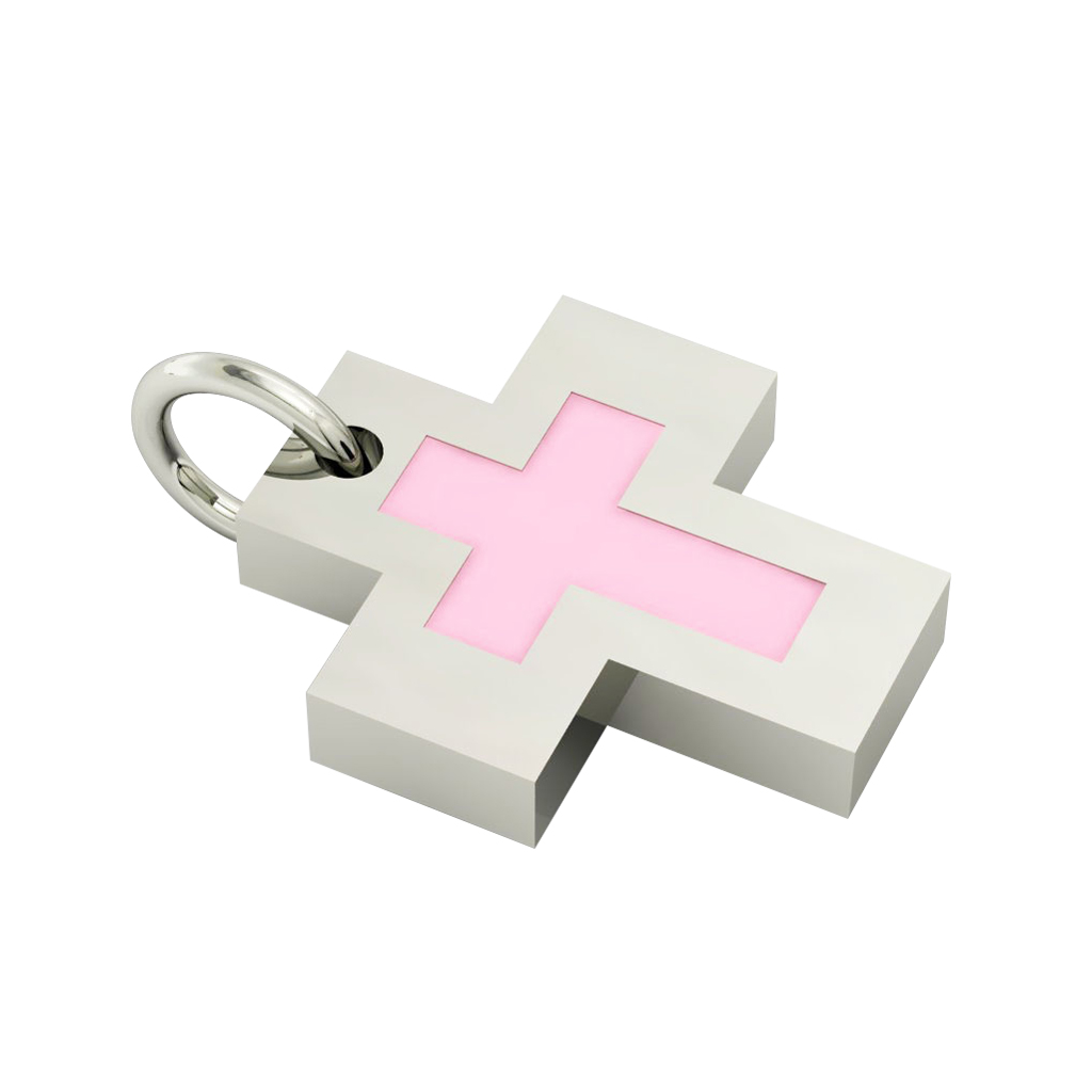 Little Cross with an internal enamel Cross, made of 925 sterling silver / 18k white gold finish with pink enamel