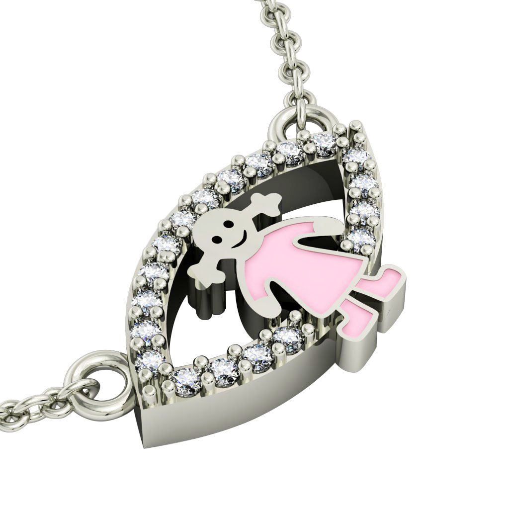 Girl Evil Eye Necklace, made of 925 sterling silver / 18k white gold finish with pink enamel and white zircon