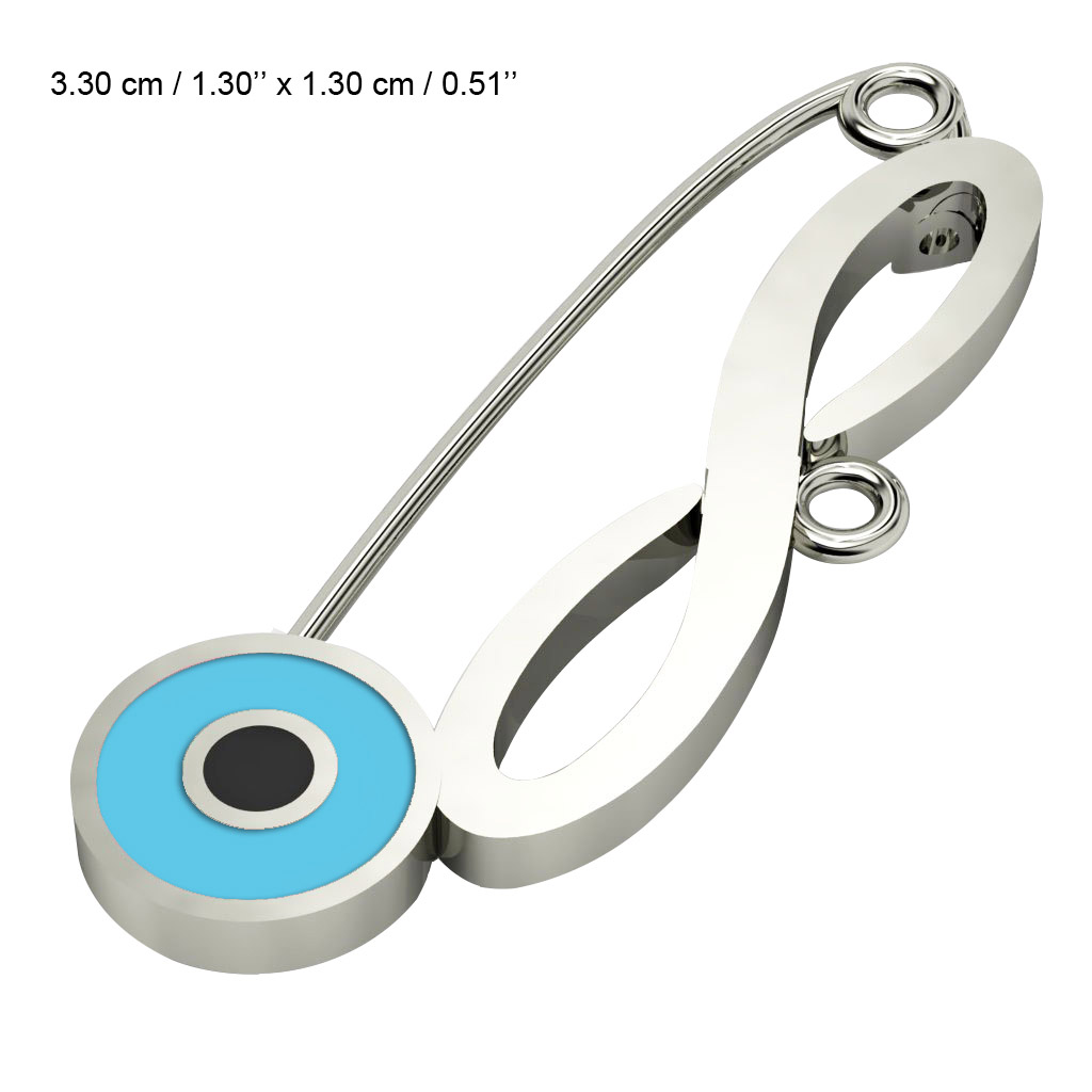 baby safety pin, round eye – infinity, made of 18k white gold vermeil on 925 sterling silver with turquoise enamel