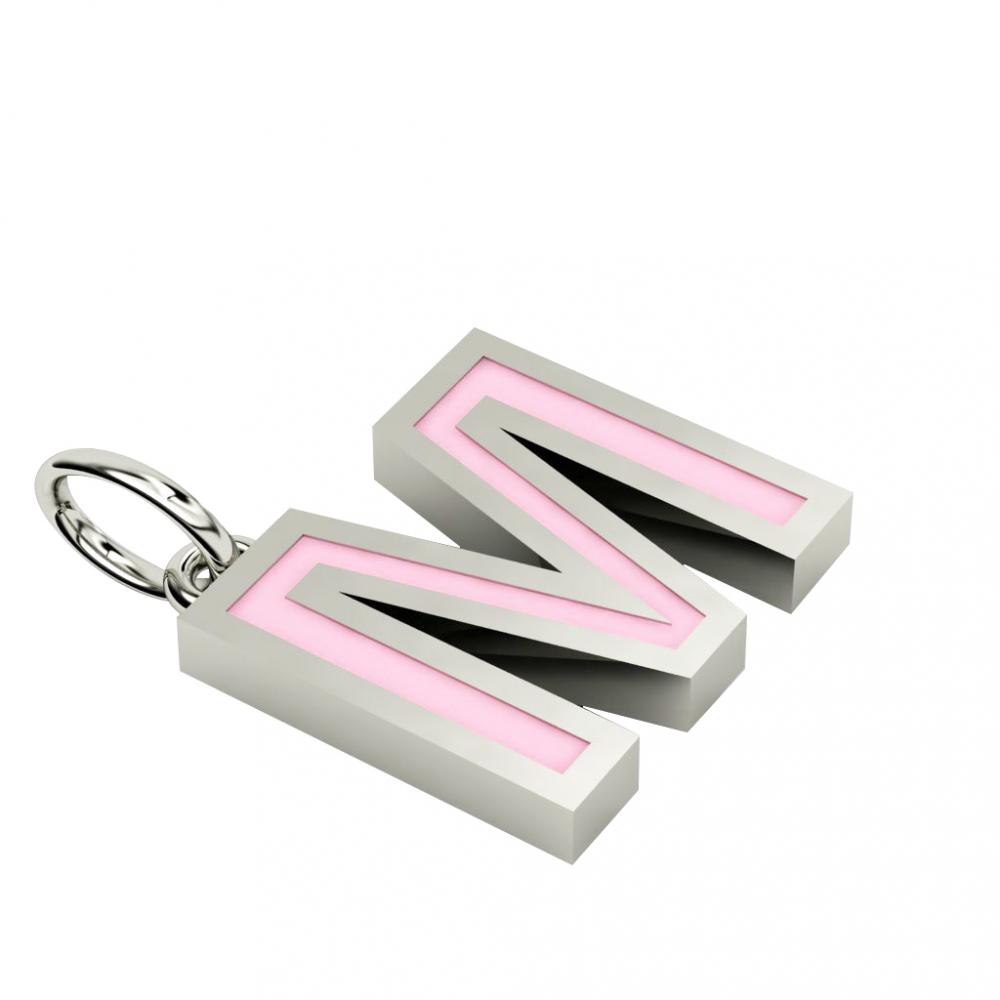 Alphabet Capital Initial Letter M Pendant, made of 925 sterling silver / 18k white gold finish with pink enamel