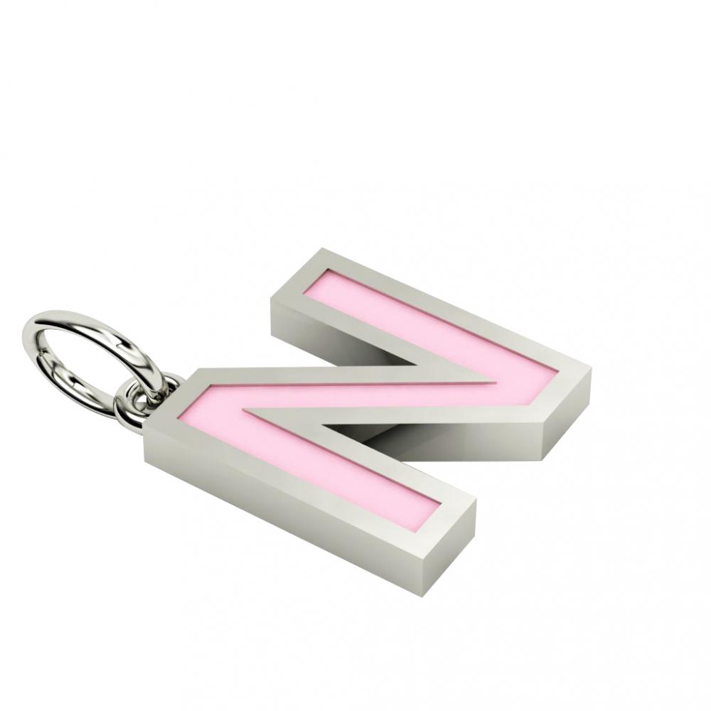 Alphabet Capital Initial Greek Letter Ν Pendant, made of 925 sterling silver / 18k white gold finish with pink enamel