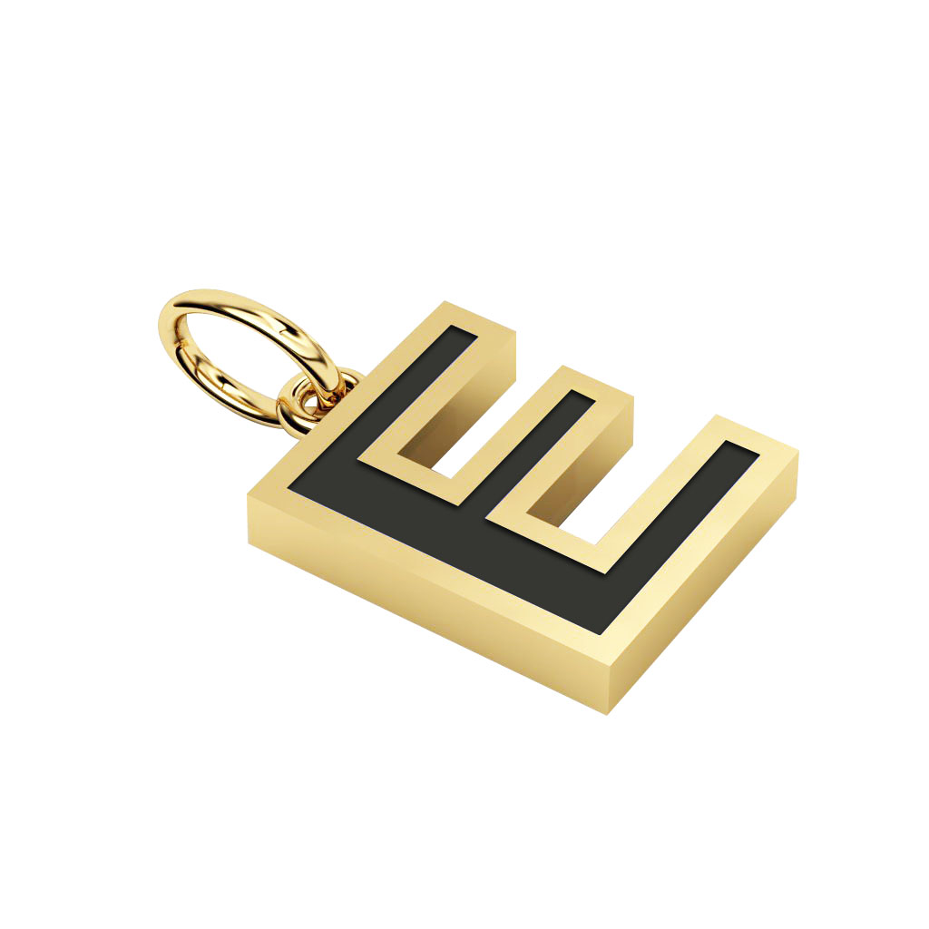 Alphabet Capital Initial Letter E Pendant, made of 925 sterling silver / 18k gold finish with black enamel