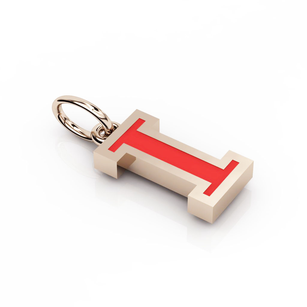 Alphabet Capital Initial Letter I Pendant, made of 925 sterling silver / 18k rose gold finish with red enamel