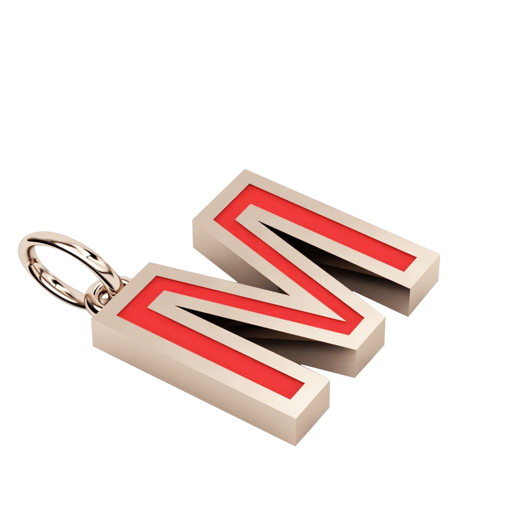 Alphabet Capital Initial Letter M Pendant, made of 925 sterling silver / 18k rose gold finish with red enamel