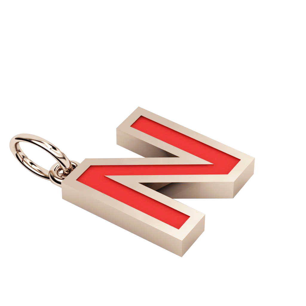 Alphabet Capital Initial Letter N Pendant, made of 925 sterling silver / 18k rose gold finish with red enamel