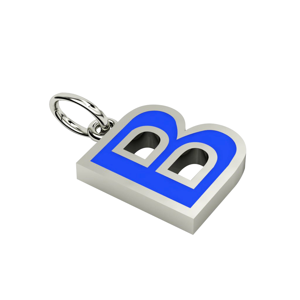 Alphabet Capital Initial Letter B Pendant, made of 925 sterling silver / 18k white gold finish with blue enamel