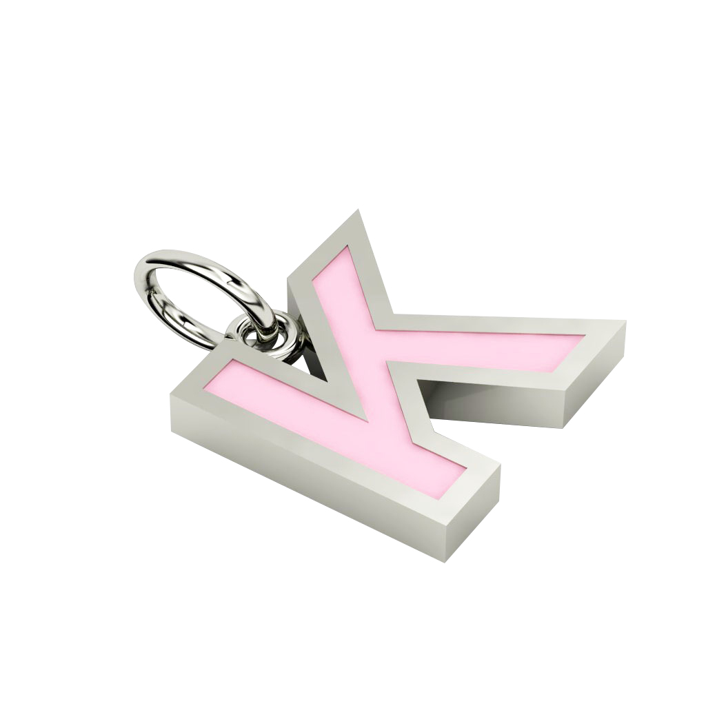 Alphabet Capital Initial Letter K Pendant, made of 925 sterling silver / 18k white gold finish with pink enamel