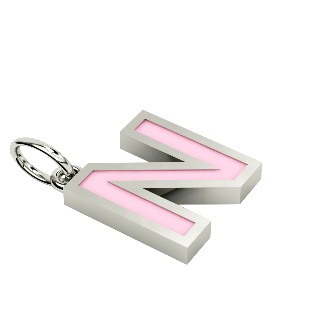 Alphabet Capital Initial Letter N Pendant, made of 925 sterling silver / 18k white gold finish with pink enamel