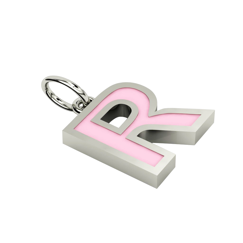 Alphabet Capital Initial Letter R Pendant, made of 925 sterling silver / 18k white gold finish with pink enamel
