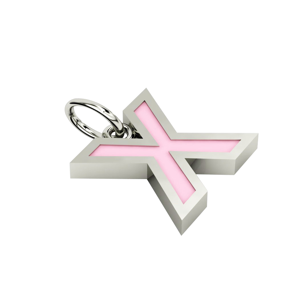 Alphabet Capital Initial Letter X Pendant, made of 925 sterling silver / 18k white gold finish with pink enamel