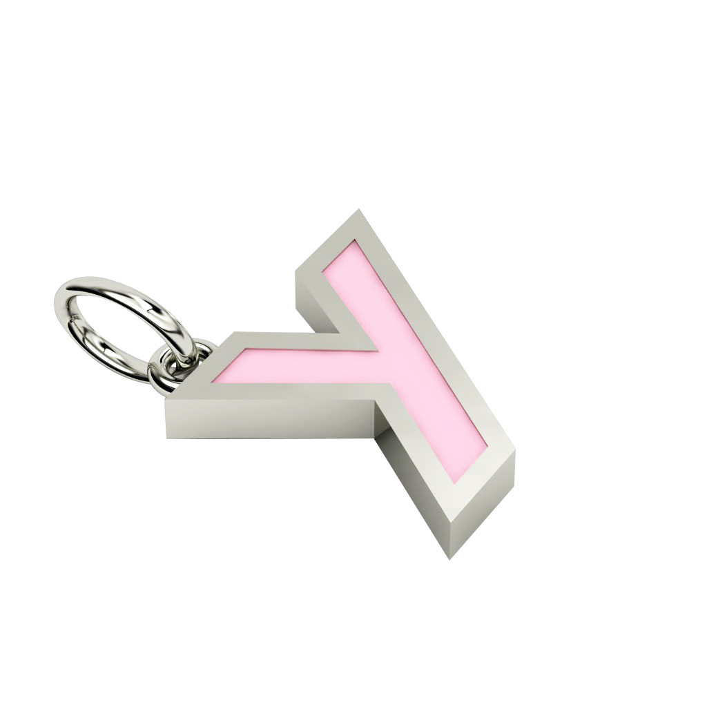 Alphabet Capital Initial Letter Y Pendant, made of 925 sterling silver / 18k white gold finish with pink enamel