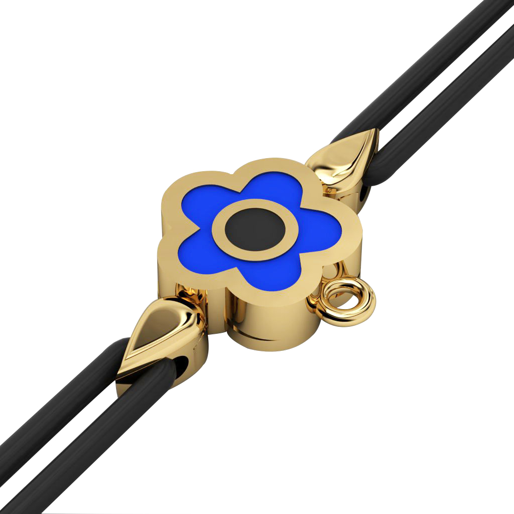 Daisy Evil Eye Macrame Charm Bracelet, made of 925 sterling silver / 18k gold  finish with black and blue enamel – black cord