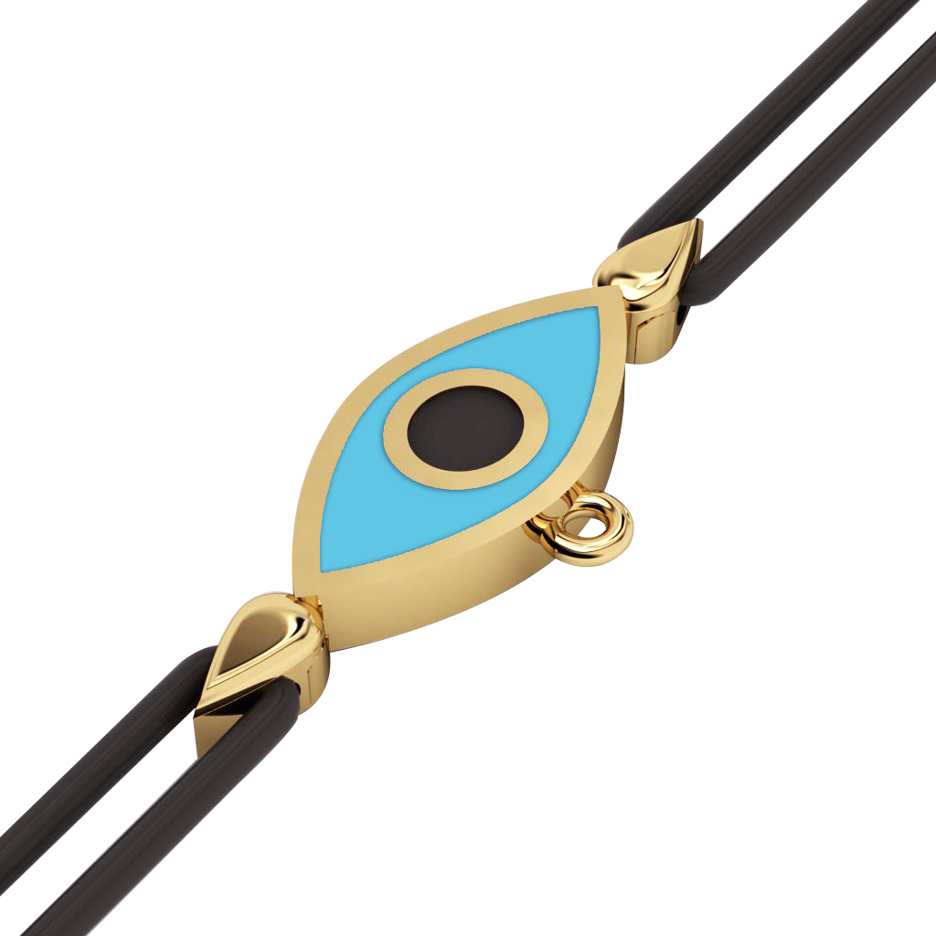 Navette Evil Eye Macrame Charm Bracelet, made of 925 sterling silver / 18k gold  finish with black and turquoise enamel – black cord