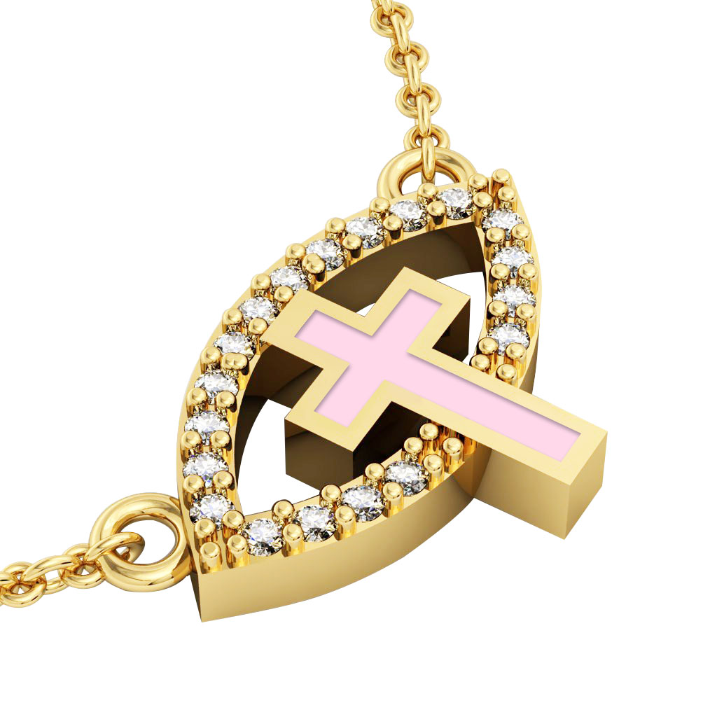 Cross Evil Eye Necklace, made of 925 sterling silver / 18k gold finish with pink enamel and white zircon