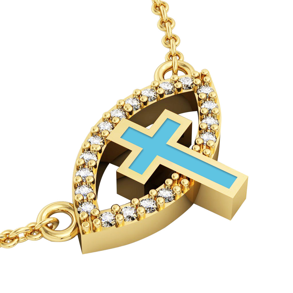 Cross Evil Eye Necklace, made of 925 sterling silver / 18k gold finish with turquoise enamel and white zircon