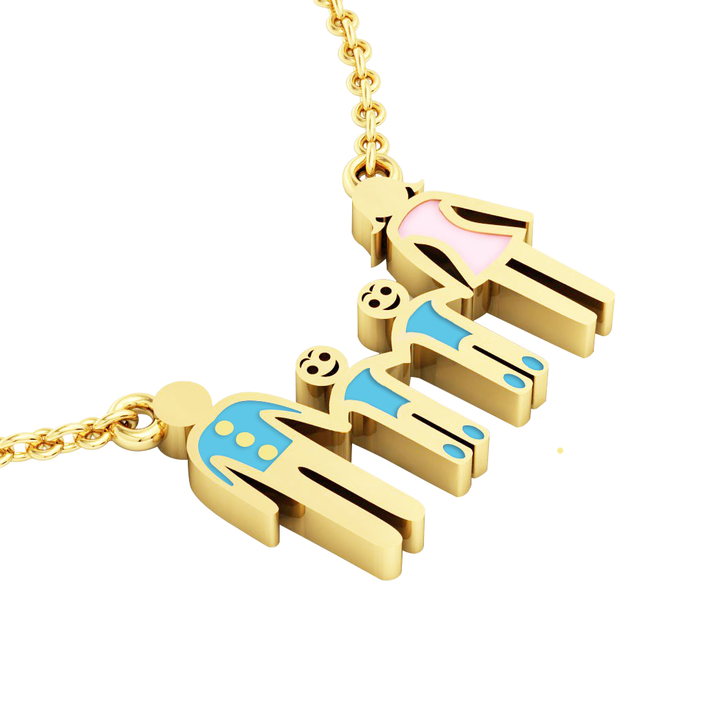 4members Family necklace, father - 2 sons – mother, made of 925 sterling silver / 18k gold finish with turquoise and pink enamel