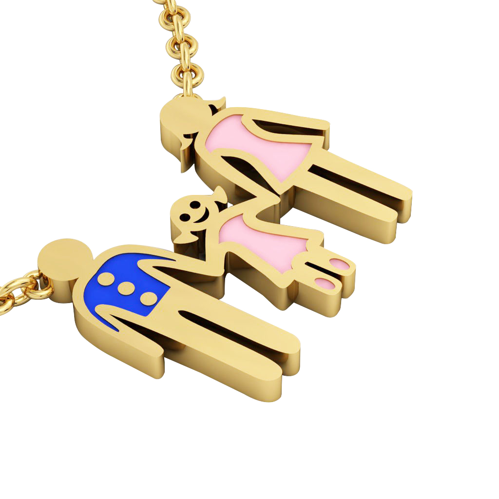 3-members Family necklace, father - daughter – mother, made of 925 sterling silver / 18k gold finish with blue and pink enamel