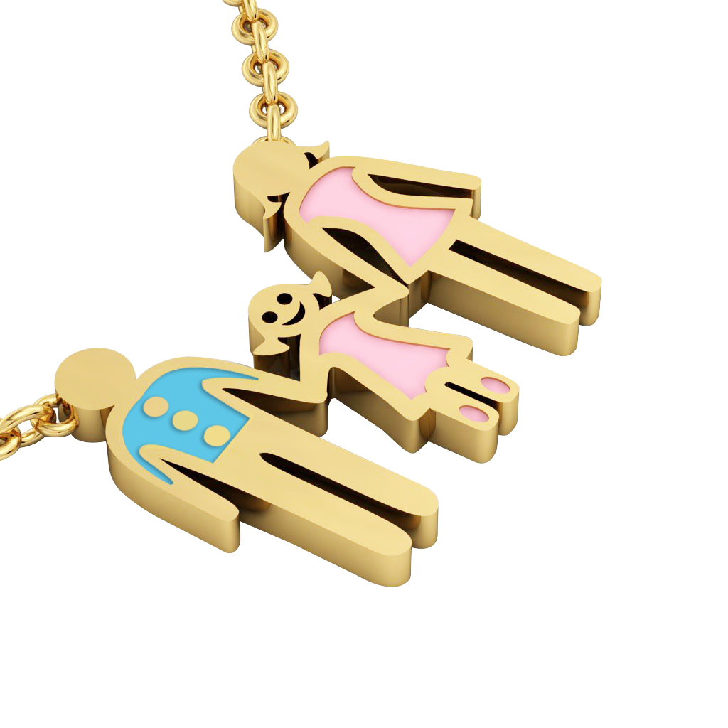 3-members Family necklace, father - daughter – mother, made of 925 sterling silver / 18k gold finish with turquoise and pink enamel