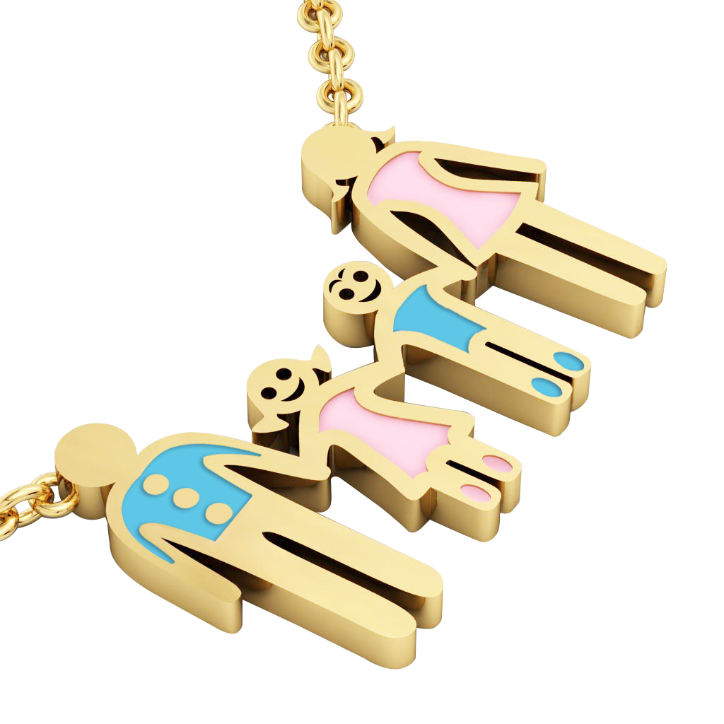 4-members Family necklace, father - daughter - son – mother, made of 925 sterling silver / 18k gold finish with turquoise and pink enamel