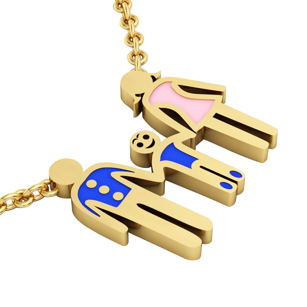 3-members Family necklace, father - son – mother, made of 925 sterling silver / 18k gold finish with blue and pink enamel
