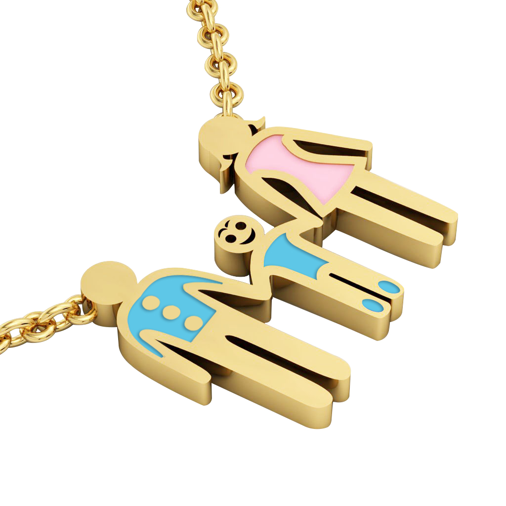 3-members Family necklace, father - son – mother, made of 925 sterling silver / 18k gold finish with turquoise and pink enamel