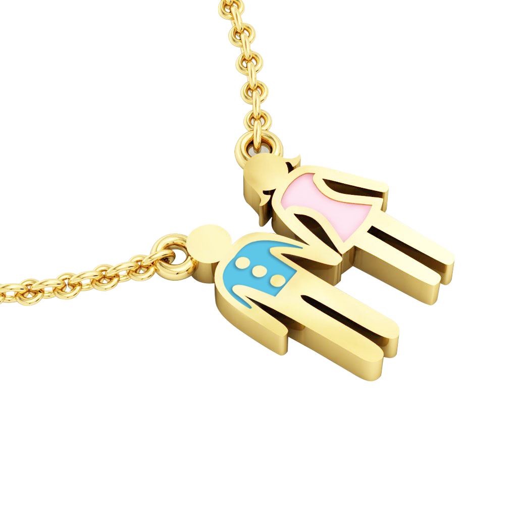 couple, man and woman necklace, made of 925 sterling silver / 18k gold finish with turquoise and pink enamel