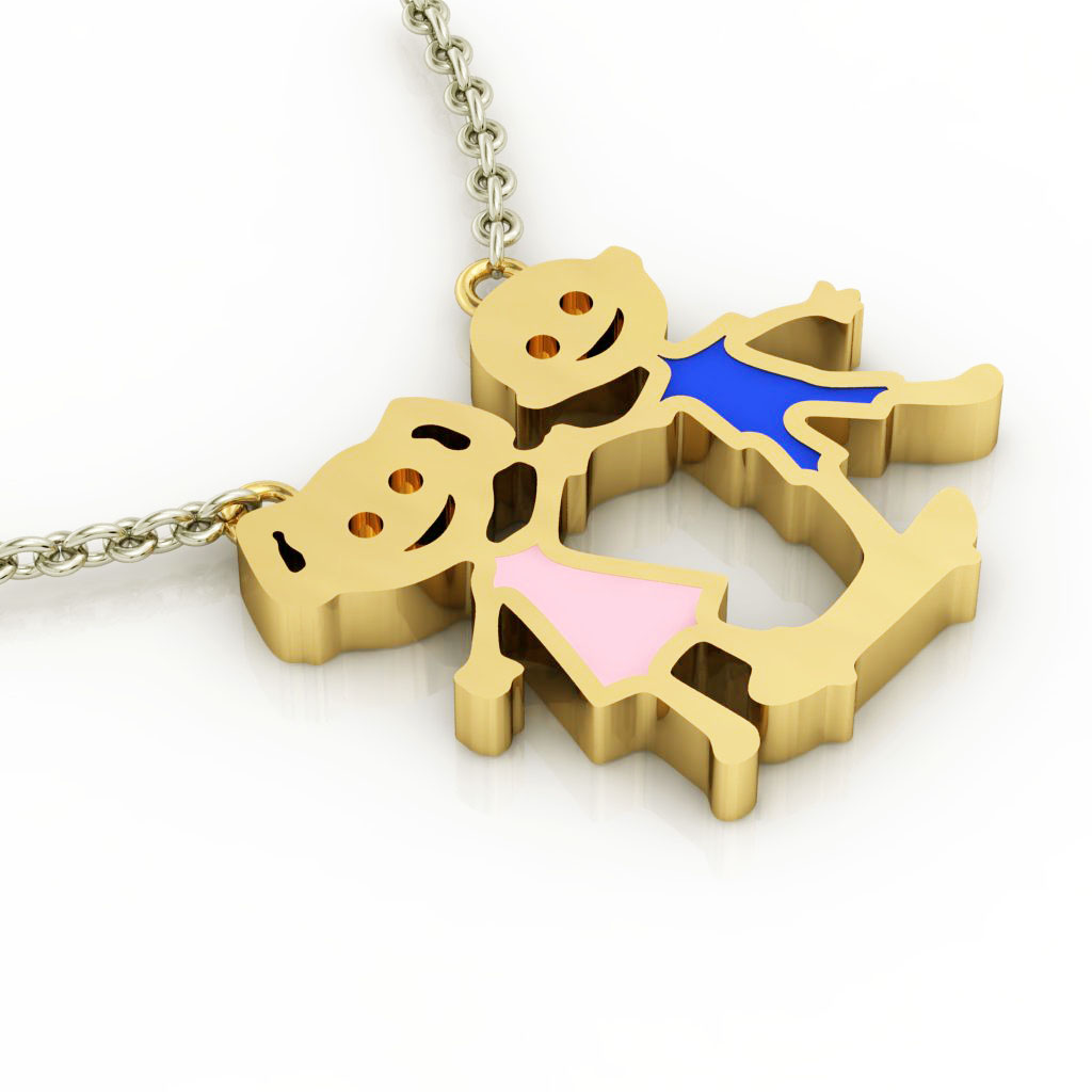 Sister and Brother, Family necklace, made of 925 sterling silver / 18k gold finish with blue and pink enamel