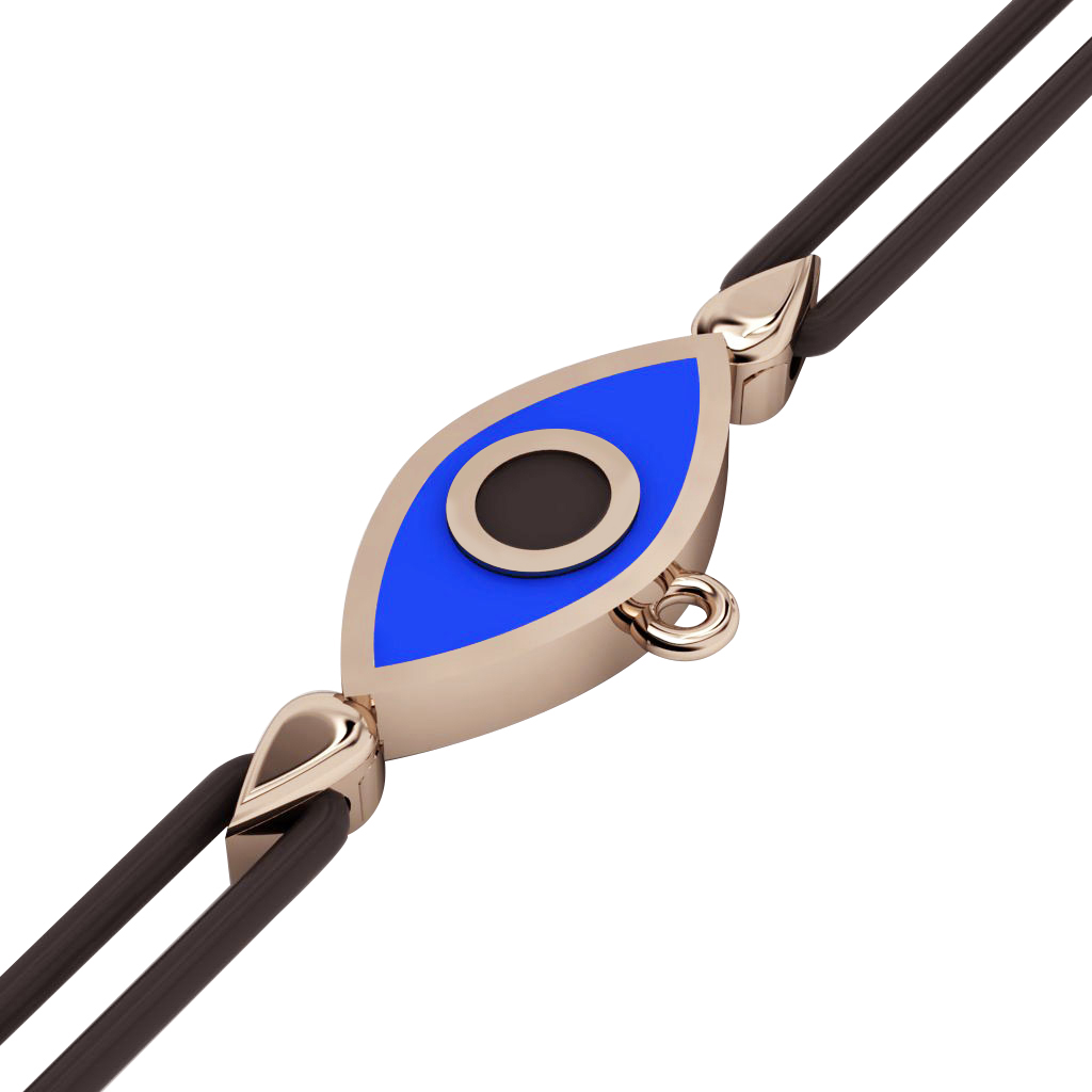 Navette Evil Eye Macrame Charm Bracelet, made of 925 sterling silver / 18k rose gold  finish with black and blue enamel – black cord
