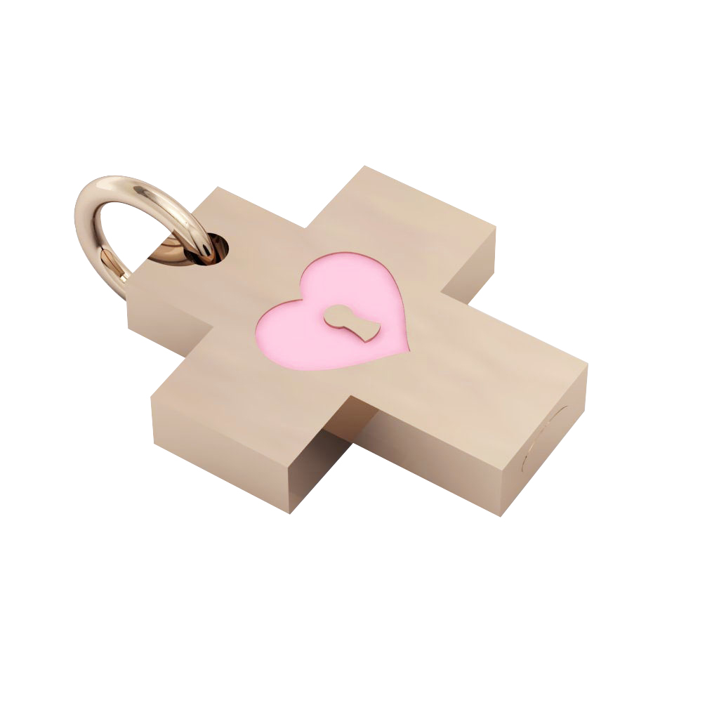Little Cross with an internal enamel Heart Padlock, made of 925 sterling silver / 18k rose gld finish with pink enamel