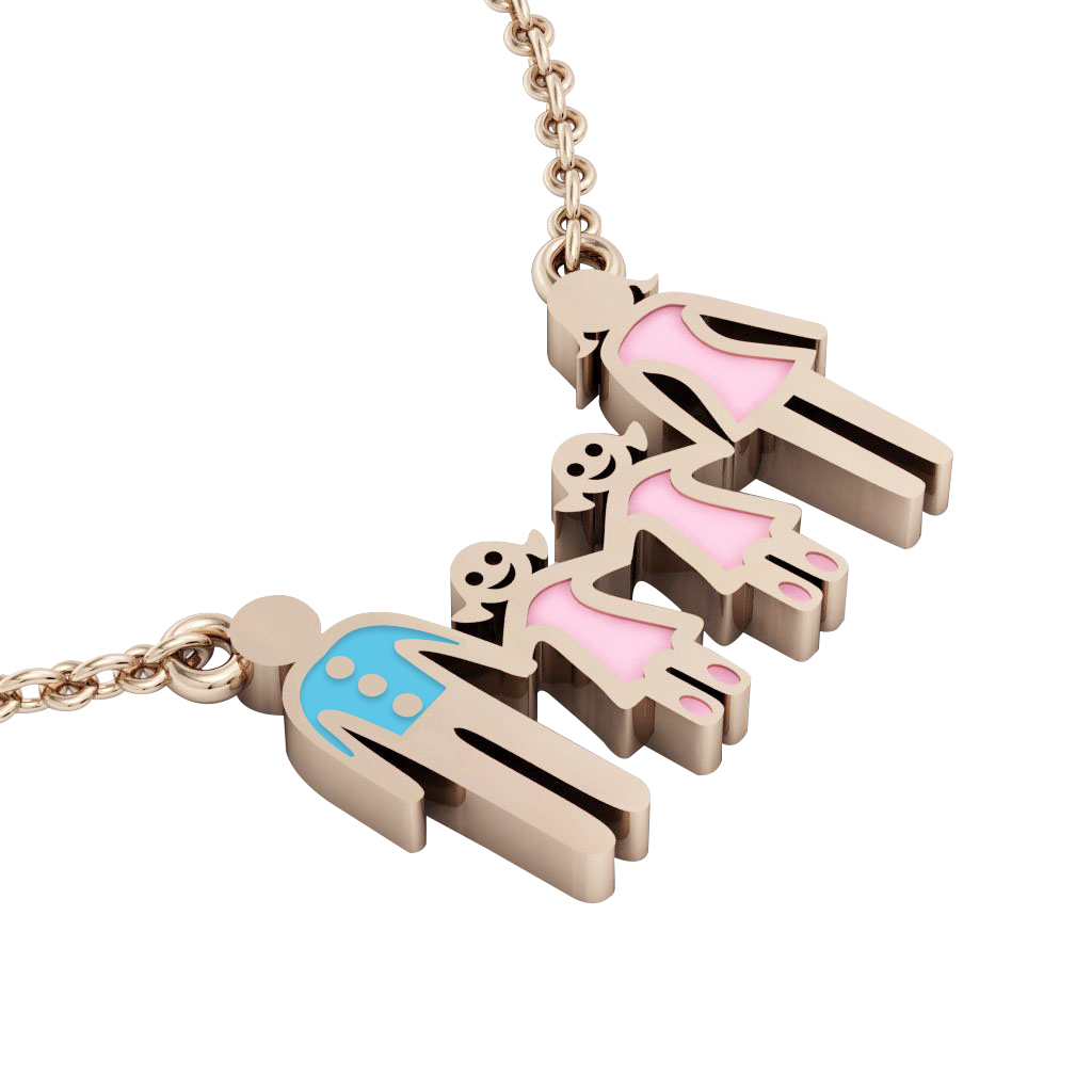 4-members Family necklace, father – 2 daughters – mother, made of 925 sterling silver / 18k rose gold finish with turquoise and pink enamel