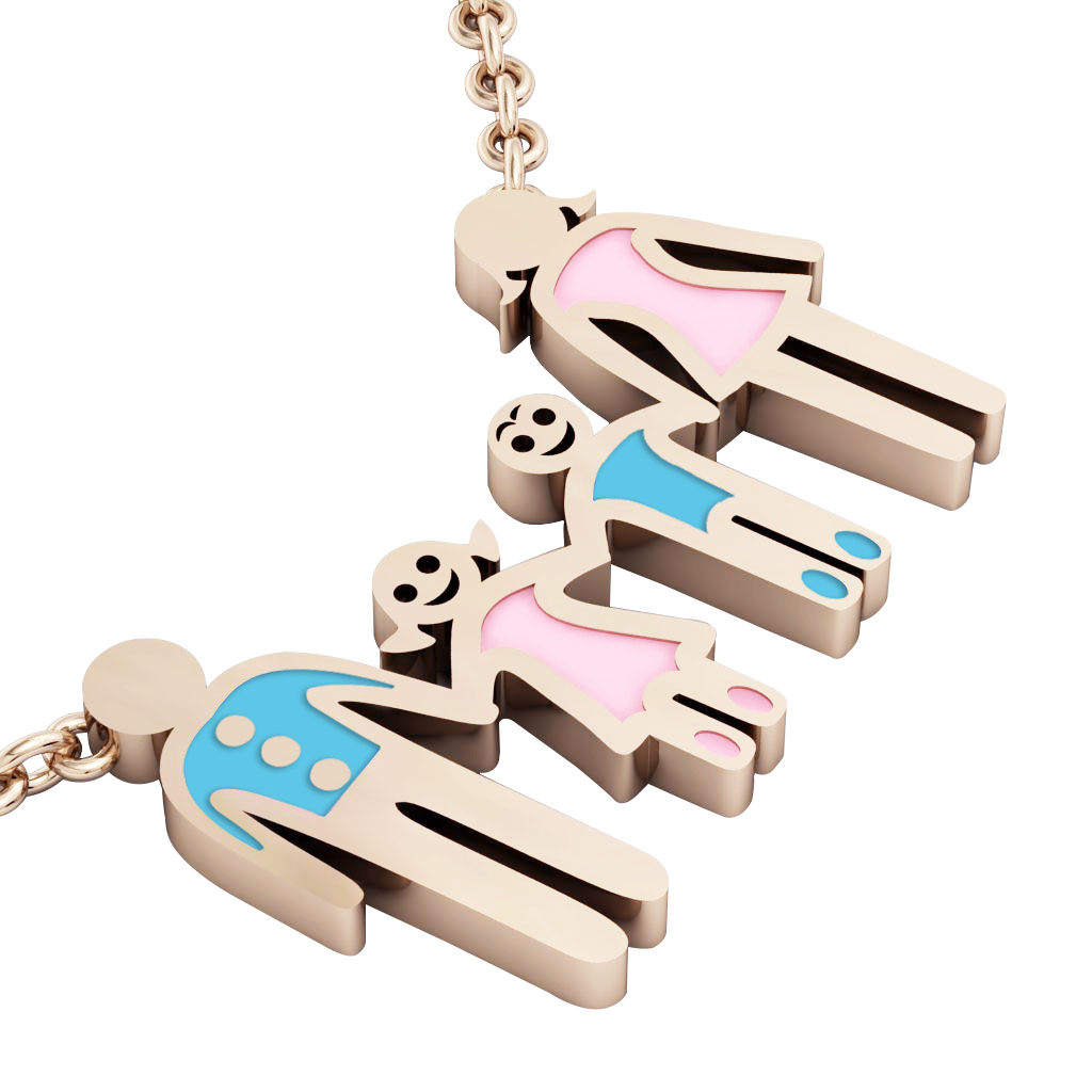 4-members Family necklace, father - daughter - son – mother, made of 925 sterling silver / 18k rose gold finish with turquoise and pink enamel