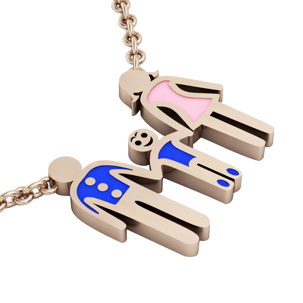 3-members Family necklace, father - son – mother, made of 925 sterling silver / 18k rose gold finish with blue and pink enamel