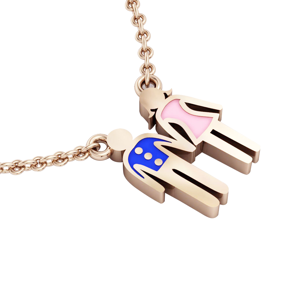 couple, man and woman necklace, made of 925 sterling silver / 18k rose gold finish with blue and pink enamel
