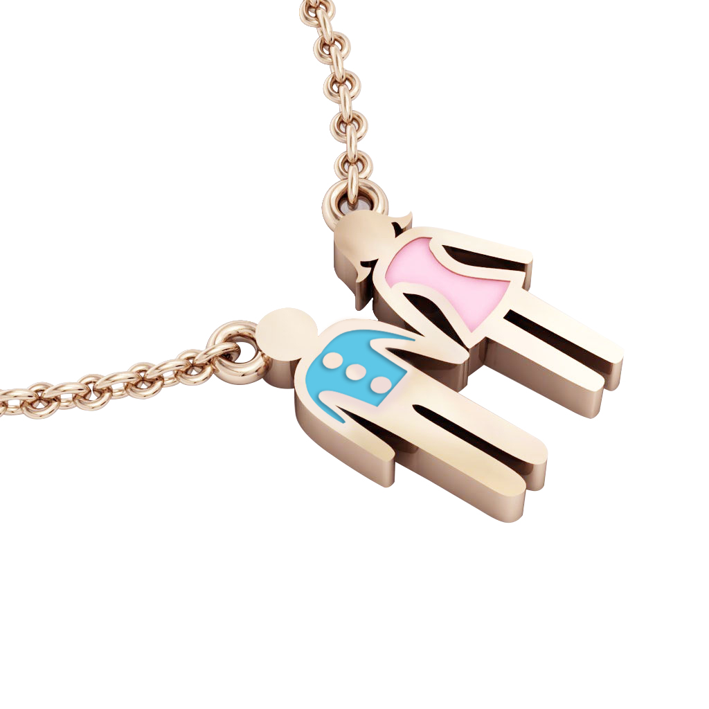 couple, man and woman necklace, made of 925 sterling silver / 18k rose gold finish with turquoise and pink enamel couple, man and woman necklace, made of 925 sterling silver / 18k rose gold finish with blue and pink enamel  