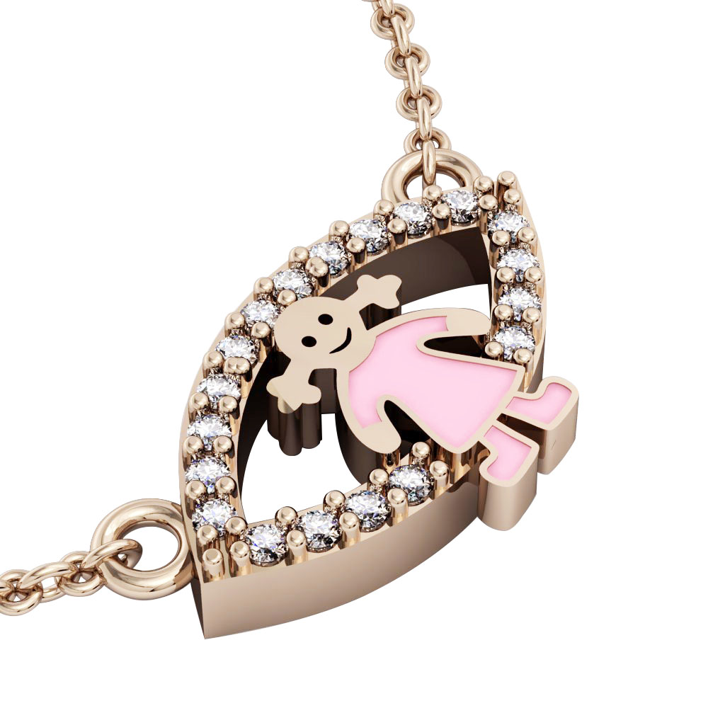 Girl Evil Eye Necklace, made of 925 sterling silver / 18k rose gold finish with pink enamel and white zircon