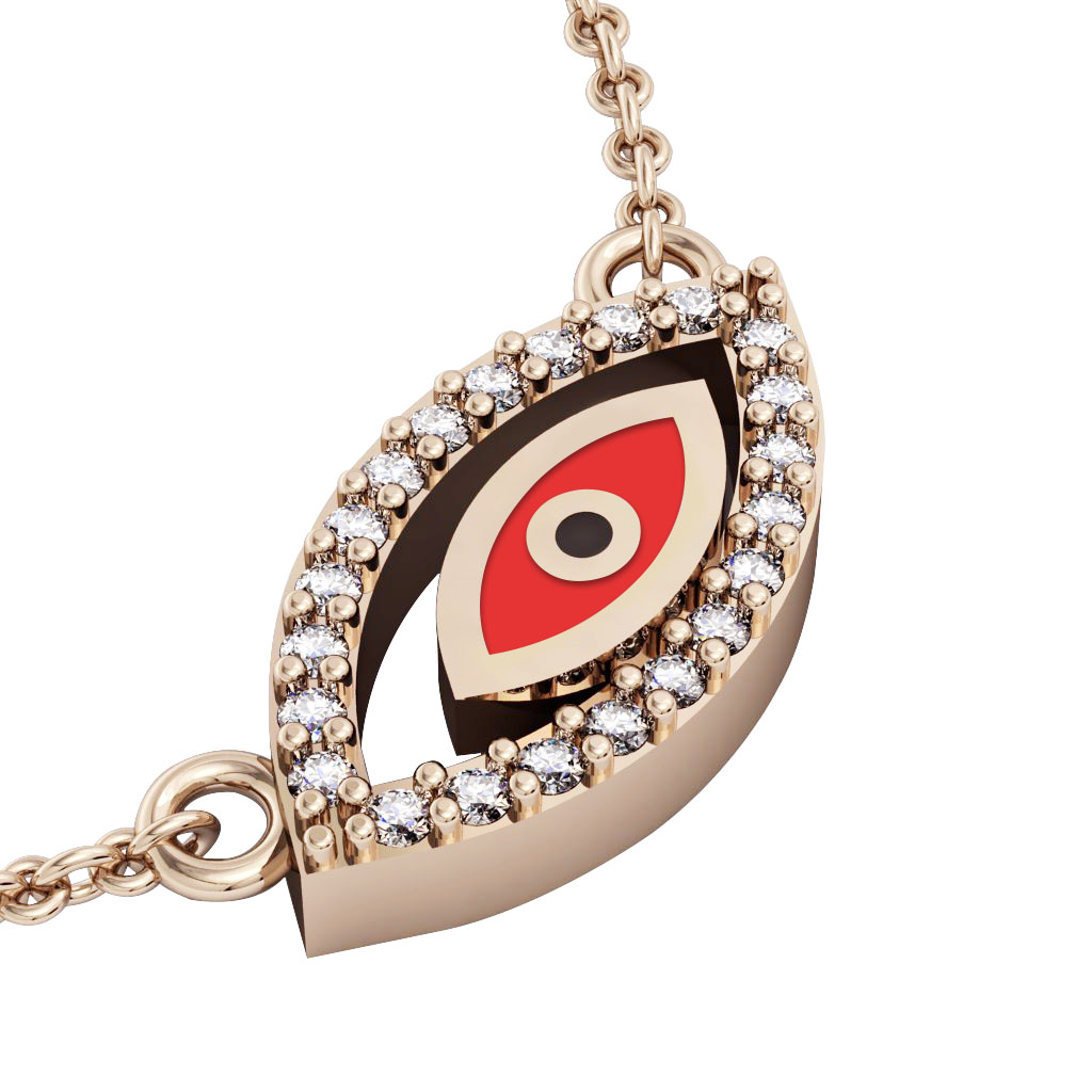 Twin Evil Eye Necklace, made of 925 sterling silver / 18k rose gold finish with red enamel and white zircon