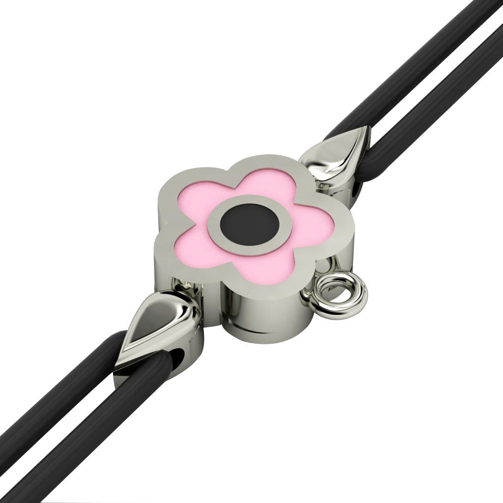 Daisy Evil Eye Macrame Charm Bracelet, made of 925 sterling silver / 18k white gold  finish with black and pink enamel – black cord