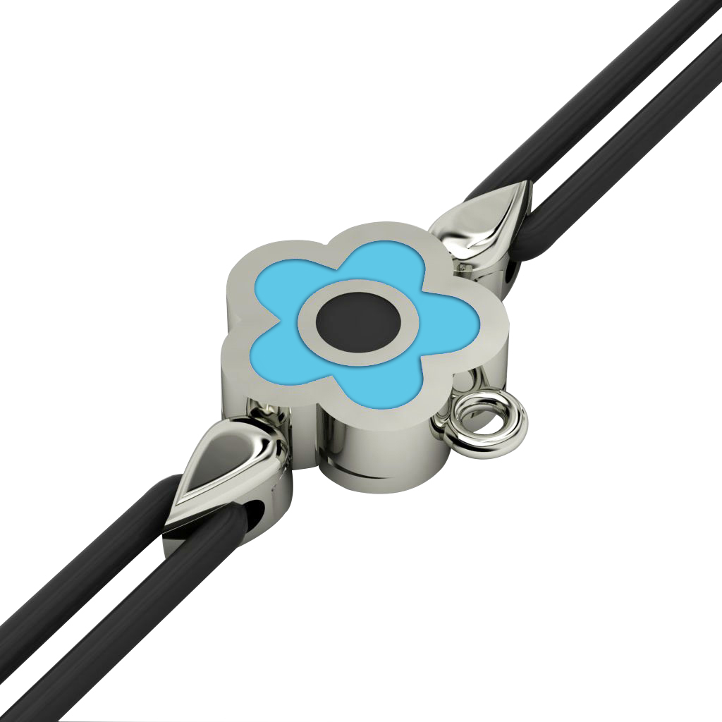 Daisy Evil Eye Macrame Charm Bracelet, made of 925 sterling silver / 18k white gold  finish with black and turquoise enamel – black cord