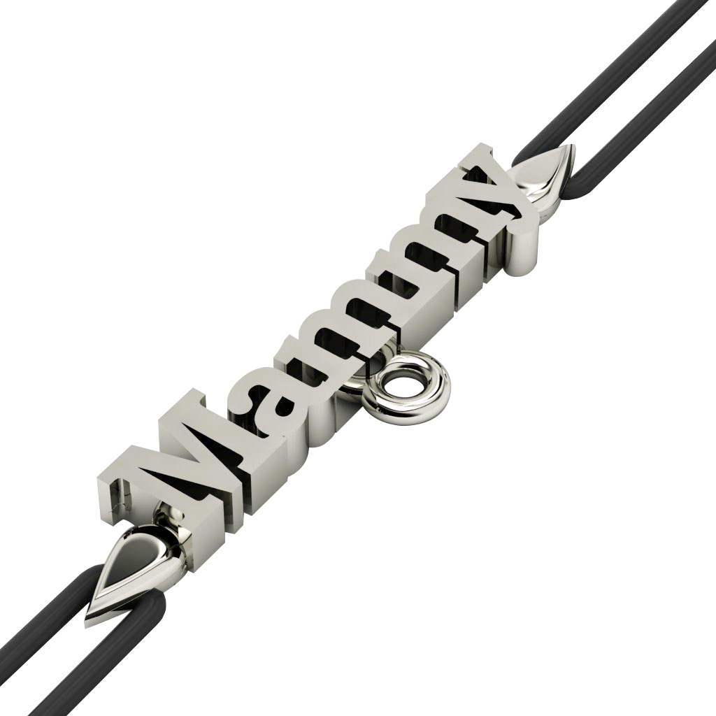 Mommy Macrame Charm Bracelet,, made of 925 sterling silver / 18k white gold finish – black cord