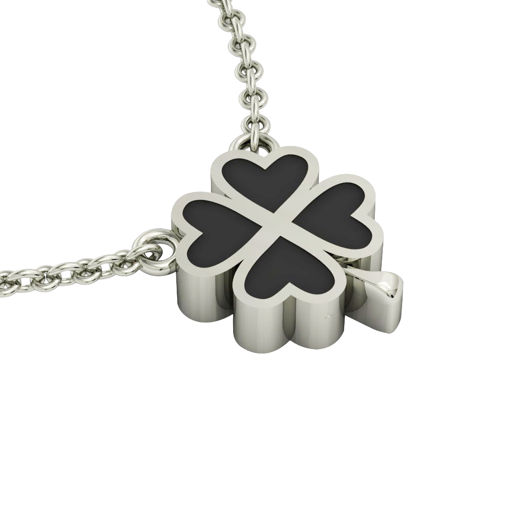 Quatrefoil, Good Luck Necklace, made of 925 sterling silver / 18k white gold finish with black enamel