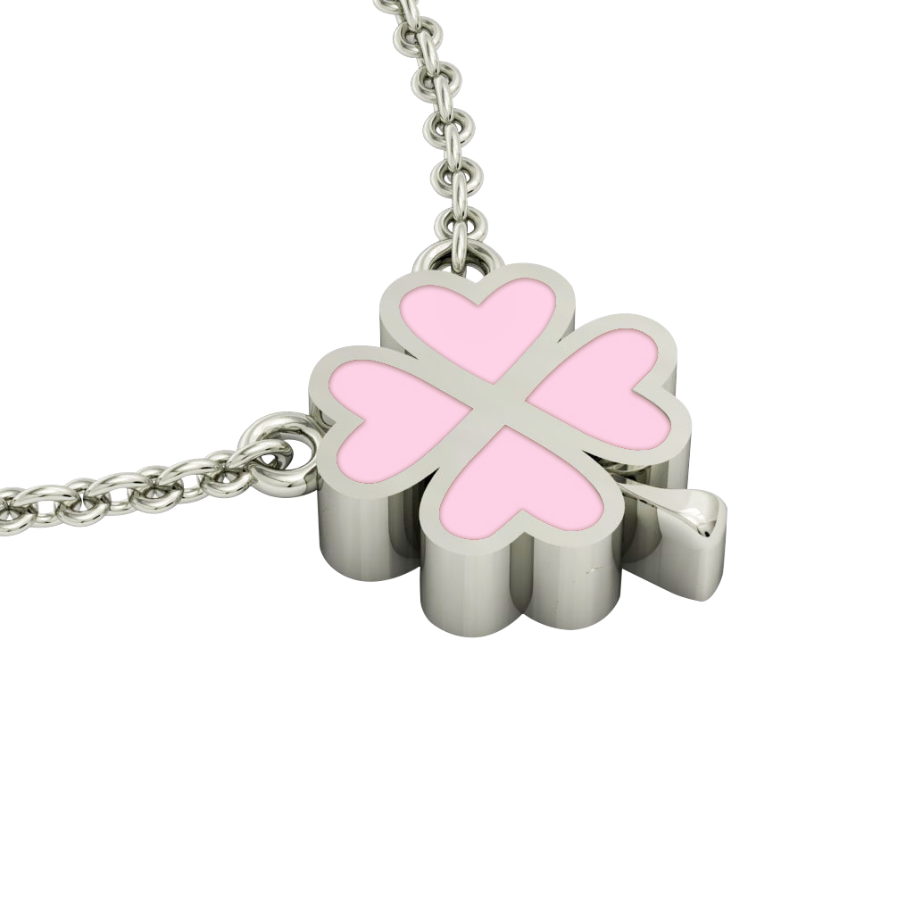 Quatrefoil, Good Luck Necklace, made of 925 sterling silver / 18k white gold finish with pink enamel