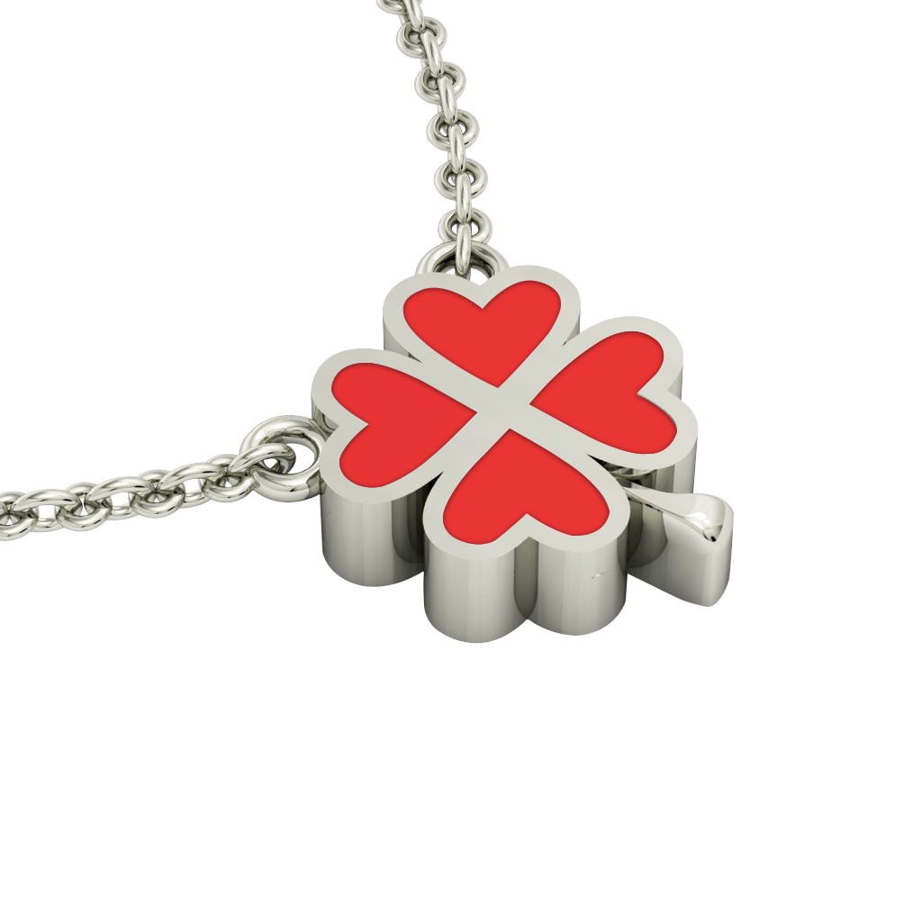 Quatrefoil, Good Luck Necklace, made of 925 sterling silver / 18k white gold finish with red enamel