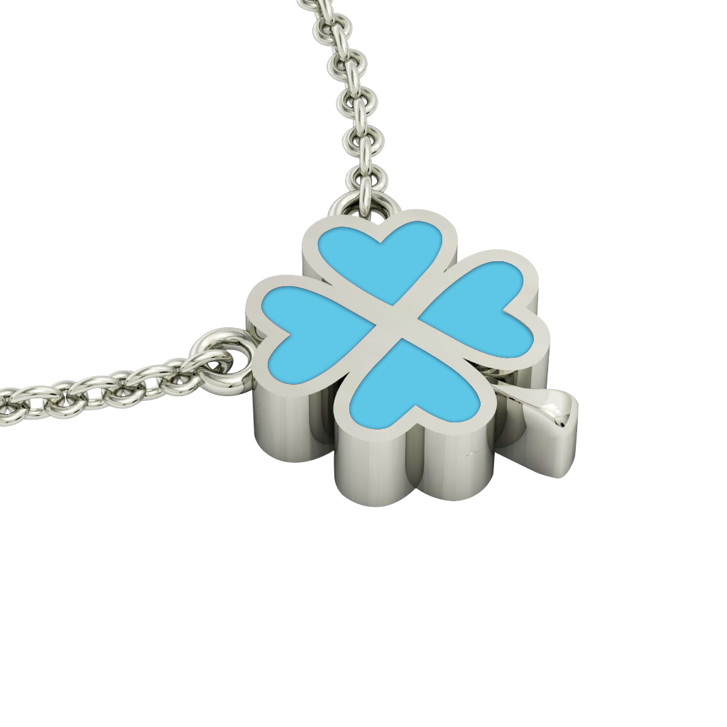 Quatrefoil, Good Luck Necklace, made of 925 sterling silver / 18k white gold finish with turquoise enamel