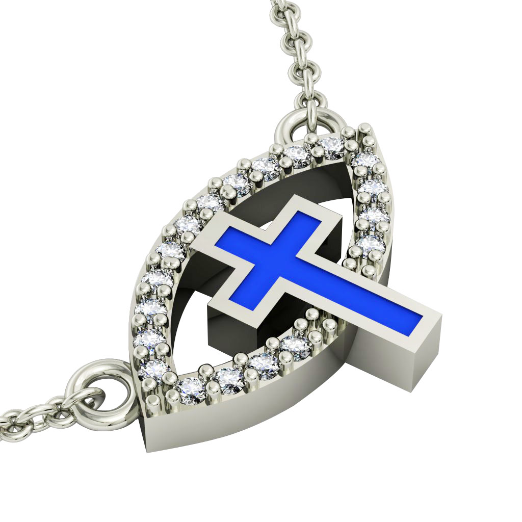 Cross Evil Eye Necklace, made of 925 sterling silver / 18k white gold finish with blue enamel and white zircon
