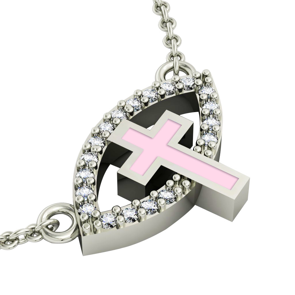 Cross Evil Eye Necklace, made of 925 sterling silver / 18k white gold finish with pink enamel and white zircon